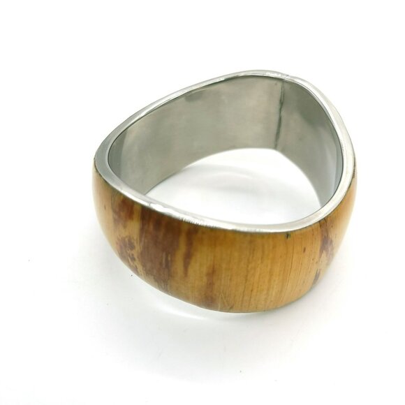 Stainless Steel & Wood Grain Inlay Banana Bark Cuff Bracelet - Picture 16 of 16